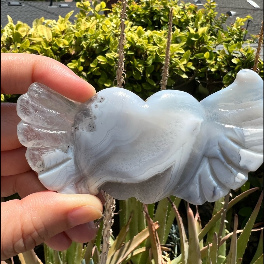 Baby blue and white agate heart with wings